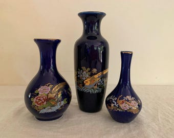 Cobalt Blue and Gold Chinoiserie Vases Set
