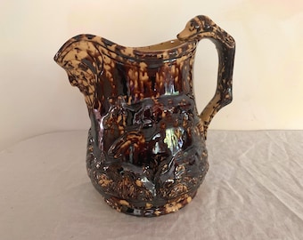 Antique Dog Handle Rockingham Speckle Glaze Hunting Pitcher