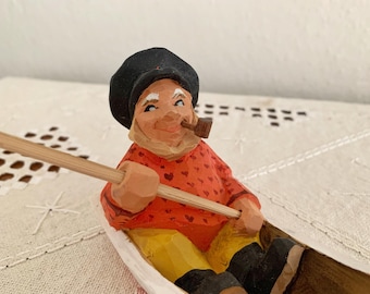 Henning Fisherman in Boat, Norwegian Wood Carved Figurine