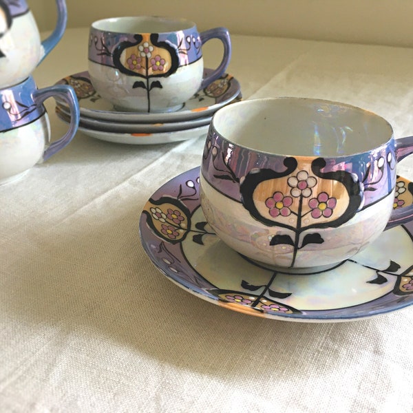 Japan Lustreware Cups and Saucers Set of 4, Hand Painted Iridescent Purple