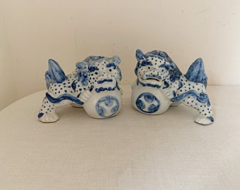 Foo Dog Pair, Blue and White Porcelain, Shishi lions
