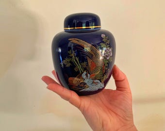 Cobalt Blue and Gold Chinoiserie Ginger Jar with Pheasants