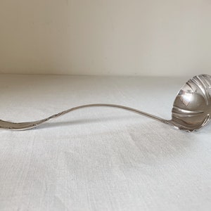 May include: A silver ladle with a long, curved handle and a rounded bowl. The bowl has a fluted design and the handle has an ornate, decorative pattern. The ladle is likely made of stainless steel or silver.