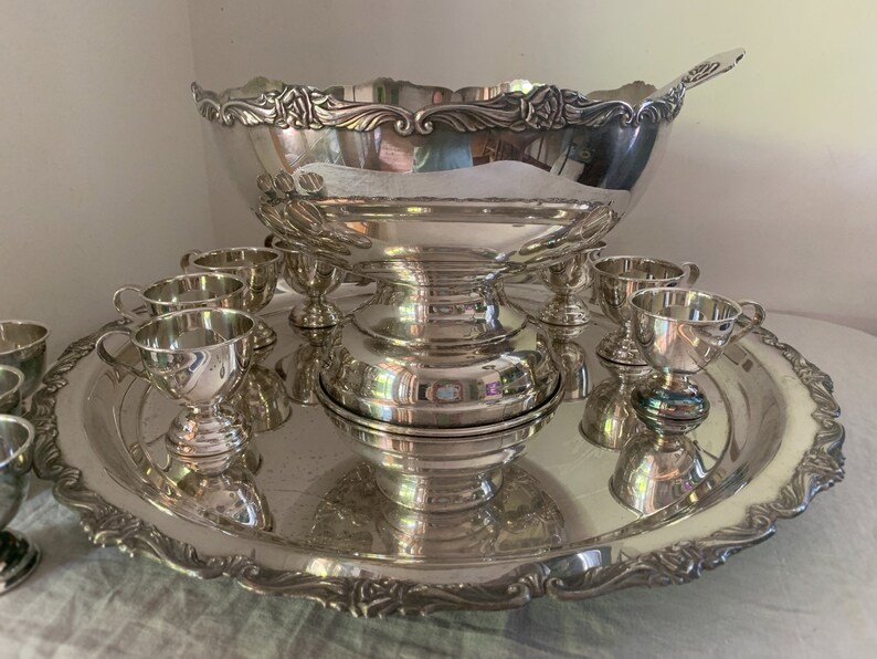 Silver Punch Bowl Set Punch Bowl Tray 12 Cups and Ladle EP Etsy