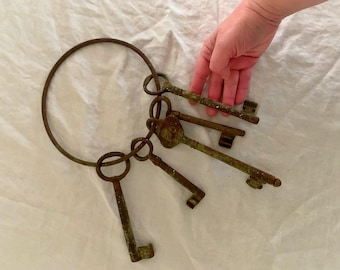 Antique Iron Skeleton Keys Set on Ring, Dungeon Church Estate Keys