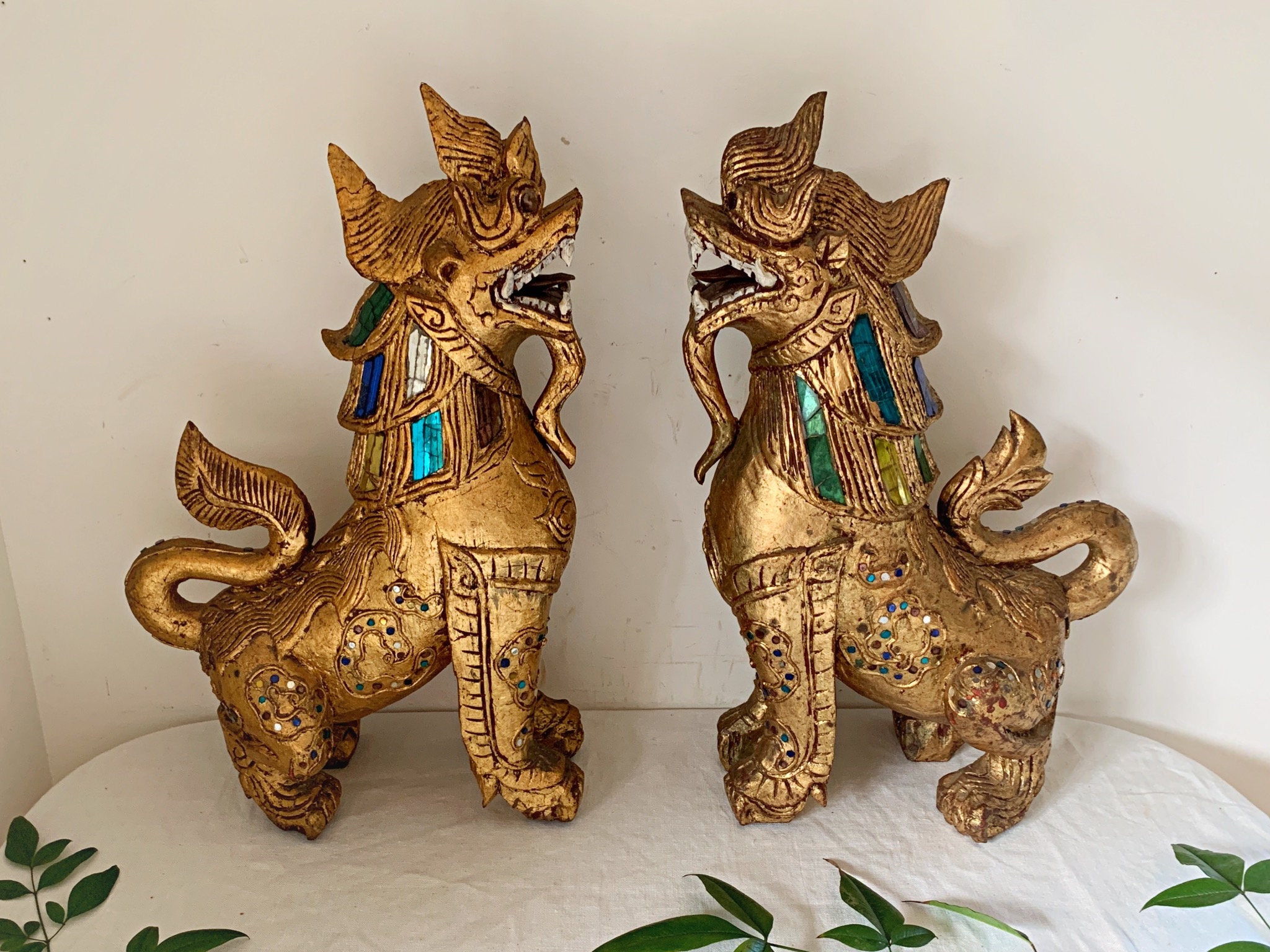 Thailand Guardian Foo Dogs Pair, Wood and Gold Leaf - Etsy