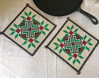 Beaded Trivets Set, Folk Art, Kitchen Kitsch