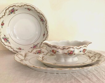 Antique Thun Biltmore Bohemia Serving Set – Floral Gold Gilt Porcelain Gravy Boat, Bowl, Platter