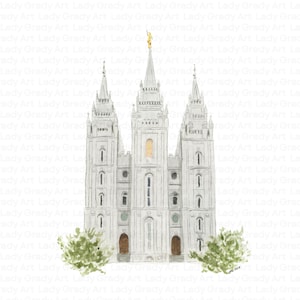 Puede incluir: Ilustración en acuarela de un templo blanco con múltiples agujas y una estatua dorada en la parte superior. El templo tiene puertas y ventanas marrones, con arbustos verdes en la base. La obra está firmada "Lady Grady Art".