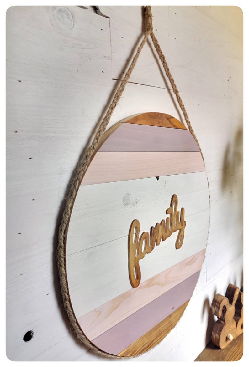 Memorable Family gift Hand painted Circle wall picture. Round wooden wall art on jute rope