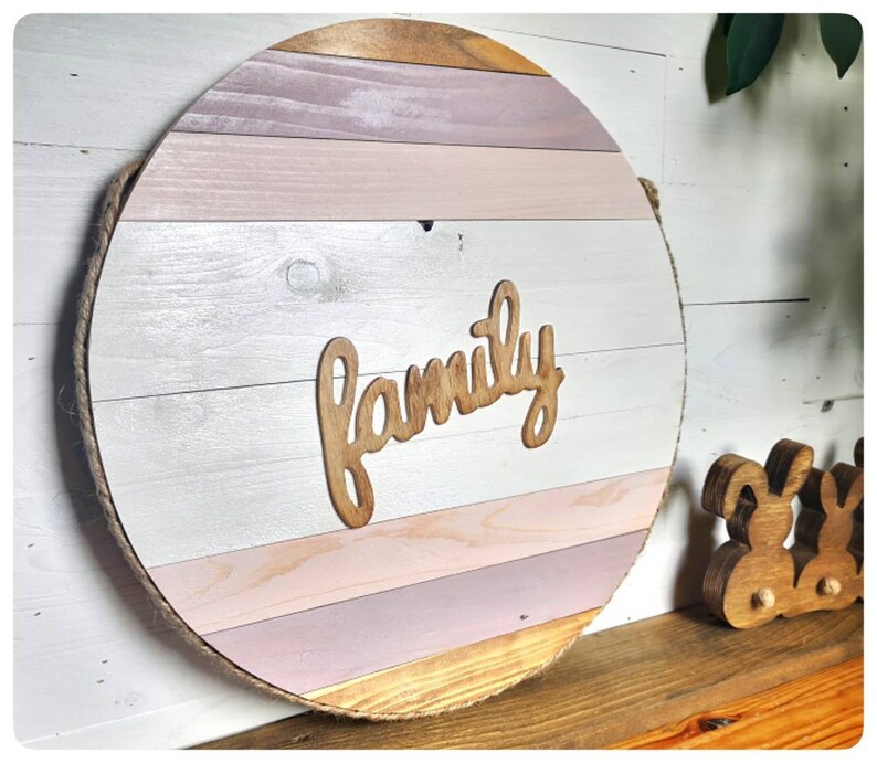 Memorable Family gift Hand painted Circle wall picture. Round wooden wall art on jute rope