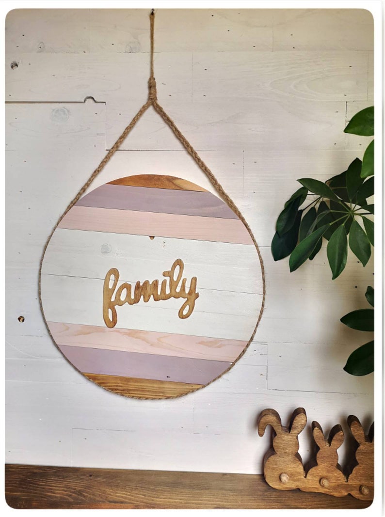 Memorable Family gift Hand painted Circle wall picture. Round wooden wall art on jute rope