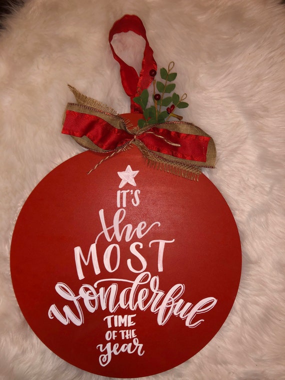 Hand Painted Wooden 16 Inch Christmas Door Hanger Can Be Personalized With Last Name Different Wording Or Color Combo