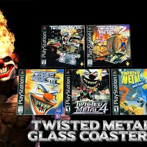 May include: A collection of Twisted Metal glass coasters featuring game box art. The coasters showcase various game covers with the PlayStation logo, including Twisted Metal, Twisted Metal 2, Twisted Metal III, Twisted Metal 4, and Twisted Metal: Small Brawl.
