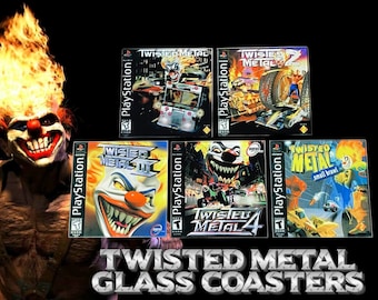 Twisted Metal PlayStation One (PS1) Glass Coasters - Twisted Metal 1, Twisted Metal 2, Twisted Metal 3, Twisted Metal 4, Small Brawl - Set