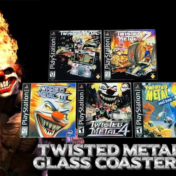 Twisted Metal PlayStation One (PS1) Glass Coasters - Twisted Metal 1, Twisted Metal 2, Twisted Metal 3, Twisted Metal 4, Small Brawl - Set