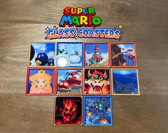 Super Mario 64 Painting Glass Coasters, Retro Gaming Drink Coasters, N64 Game Room Decor, Geeky Gamer Gift,  Pixel Art Coaster Set
