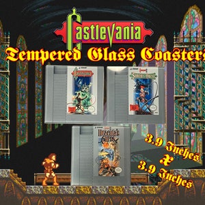 May include: Tempered glass coasters featuring classic Castlevania video game cartridges. Each coaster measures 3.9 x 3.9 inches. The image includes the game titles Castlevania, Simon's Quest, and Dracula's Curse.