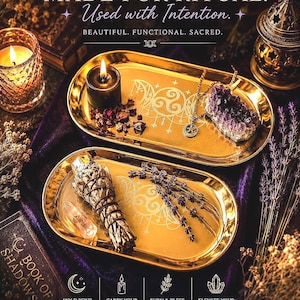 May include: Two gold-colored trays with ritual items, including candles, crystals, and sage bundles. The trays are decorated with a celestial design. Text reads "MADE FOR RITUAL. Used with Intention."