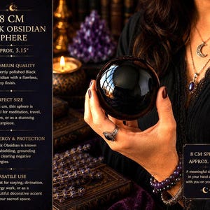May include: A polished black obsidian sphere measuring 8 cm or approximately 3.15 inches in diameter. The smooth, dark, reflective surface of the stone ball is held in place, showcasing its glossy finish and spherical shape in a clear, solid form.