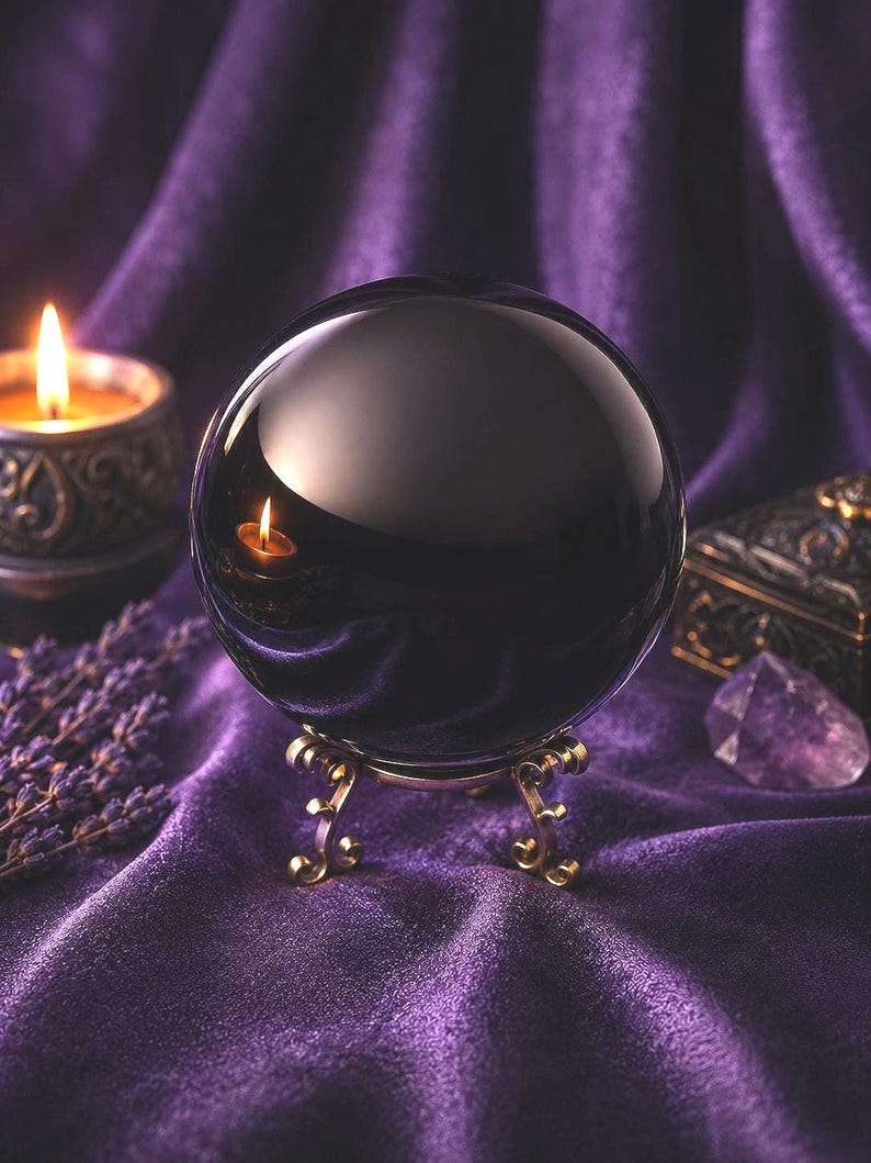 May include: A polished black sphere rests on a decorative gold-toned metal stand with four curved legs. The smooth surface of the sphere reflects a nearby lit candle flame, while a small purple crystal and a sprig of dried lavender are visible.