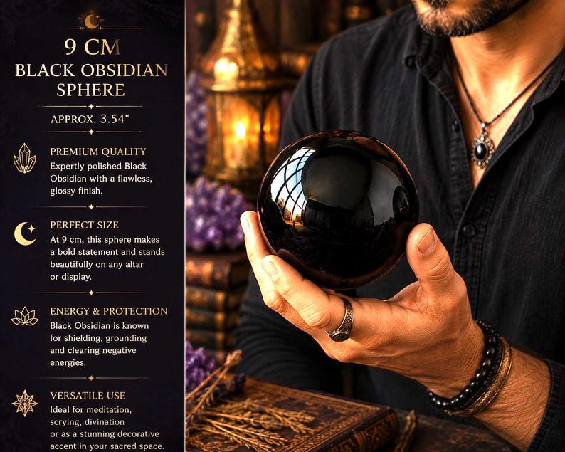 May include: A 9 cm black obsidian sphere with a glossy, polished finish. The text on the left side reads: 9 CM BLACK OBSIDIAN SPHERE, APPROX. 3.54", PREMIUM QUALITY, PERFECT SIZE, ENERGY & PROTECTION, and VERSATILE USE, along with descriptive details.