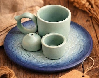 セラミック製4in1お香立て、ターコイズとネイビーブルー、祭壇装飾、セージホルダー、パロサントスティック、キャンドルホルダー、瞑想ギフト
