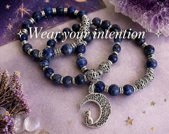 Sodalith Kristall Stretch Armband 3er Set - Stretch Perlen Kristall Armband mit Halbmond Anhänger - Spiritueller Schmuck - Handgemachtes Geschenk