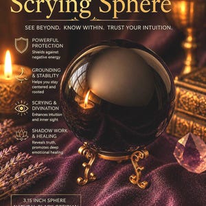 May include: A polished black obsidian sphere measuring 8 cm in diameter, resting on an ornate gold-toned metal stand. The text on the image reads Black Obsidian Scrying Sphere, See Beyond. Know Within. Trust Your Intuition, and Dream Shop Crafting Co.