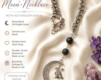 Personalisierte Halbmond Halskette / alte englische Initial Halskette / Gothic Mond Anhänger / Lava Perlen Halskette / Edelstahlkette / Geschenk