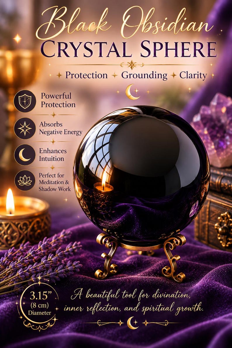 May include: A polished black obsidian crystal sphere with an 8 cm diameter, resting on an ornate gold-toned metal stand. The text reads Black Obsidian CRYSTAL SPHERE, Protection, Grounding, Clarity, Powerful Protection, Absorbs Negative Energy, Enhances Intuition, Perfect for Meditation & Shadow Work, and A beautiful tool for divination, inner reflection, and spiritual growth.
