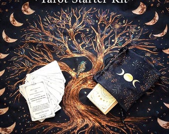 Tarot Start Set mit Altar Tuch, Tarot Karten & Beutel, Anfänger Tarot Set, spirituelles Geschenk, Mondphase - Baum des Lebens Altar Tuch