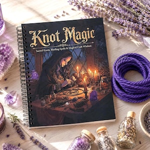 Könnte beinhalten: Ein spiralgebundenes Buch mit dem Titel Knot Magic: Sacred Knots, Binding Spells & Magical Craft Wisdom, das eine Person beim Knüpfen bei Kerzenschein zeigt, umgeben von violettem Seil, Amethystkristallen, Kerzen und getrocknetem Lavendel.