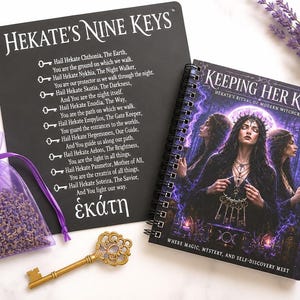 May include: A black metal sign titled Hekate's Nine Keys with white text, a spiral-bound book titled Keeping Her Keys with a purple-toned illustration of a figure, a gold-colored ornate key, and a purple organza bag filled with dried lavender.
