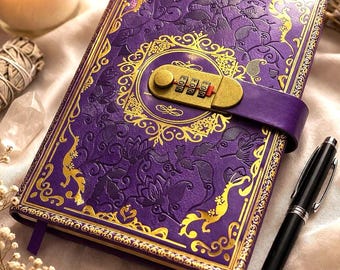 Spiritual Journal with Lock, Purple Leatherbound A5 Diary, Manifestation and Shadow Work Notebook, Wicca/Witchcraft Journaling, Gift for Her