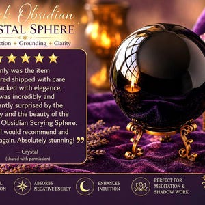 May include: A polished black obsidian crystal sphere with an 8 cm diameter, resting on an ornate gold-toned metal stand. The sphere reflects a candle flame and window light. A purple text box displays a five-star review and product details.