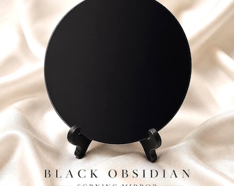 Scrying Spiegel aus schwarzem Obsidian mit Ständer und Poliertuch, 14 cm Durchmesser, Wahrsagespiegel, Hexenaltar, Schattenarbeit, heidnisches Dekor