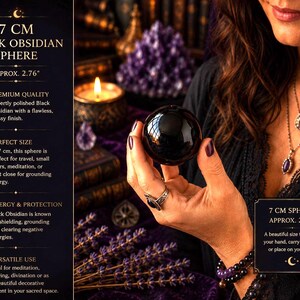 May include: A polished black obsidian sphere measuring 7 cm or approximately 2.76 inches in diameter. The text on the image reads 7 CM BLACK OBSIDIAN SPHERE, APPROX. 2.76, PREMIUM QUALITY, PERFECT SIZE, ENERGY & PROTECTION, VERSATILE USE, and 7 CM SPHERE APPROX. 2.76.