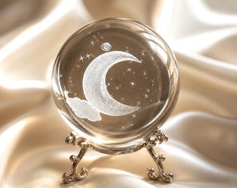 3D Laser gravierte Kristallkugel Mond & Sterne - Halbmond Nachthimmel Kristallkugel - Spirituelles Dekor, Hexenaltar, himmlisches Geschenk