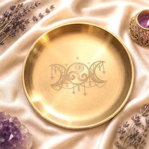 Engraved Ritual Offering Plate / Triple Moon Altar Plate / Brass Tone or Silver Tone Offering Dish / Wiccan/Pagan Altar Decor / Pagan Ritual