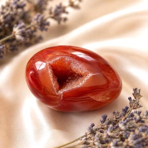 Puede incluir: Una piedra de cornalina pulida de forma ovalada que presenta una cavidad de geoda central en forma de triángulo llena de pequeños cristales naranjas brillantes. La piedra muestra tonos rojos y naranjas intensos con una superficie lisa.
