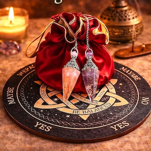 Pendulum Dowsing Board Set, Rose Quartz or Amethyst Pendulum, Divination Board Kit, Spiritual Gift Set, Wicca, Witchcraft Tools Supplies