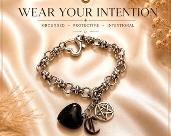 Schwarzer Obsidian Herz Bettelarmband, personalisierter heidnischer Schmuck, Gothik Anfangsarmband, Pentagramm Schutz Armband