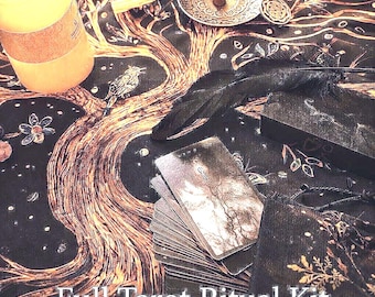 Volles Tarot Ritual Kit mit Schwarzem Tarot Deck, Altartuch, Räuchergefäß & Beutel, spirituelles Geschenkset, Hexenaltar und Wahrsage-Werkzeugen