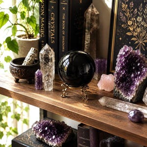 May include: A polished black obsidian sphere resting on a decorative gold-toned metal stand, surrounded by various crystals including amethyst clusters, clear quartz points, and a rose quartz piece, alongside black books and a small incense bowl.