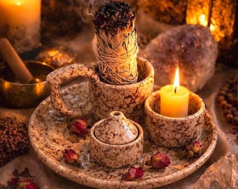 4-in-1 Keramik Weihrauchbrenner mit Griff, Smudge Bowl Set, rustikale gesprenkelte Keramikoberfläche, spirituelles Altarwerkzeug, Wicca Ritual, Geschenk bereit