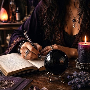 May include: A polished black crystal sphere sits on a decorative gold-toned metal stand. Beside it, an open journal with handwritten text is being written in with a dark pen. A purple pillar candle and dried lavender sprigs are also present.