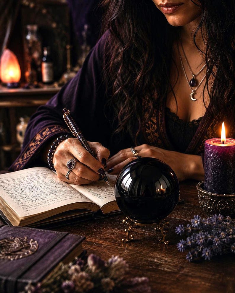 May include: A polished black crystal sphere sits on a decorative gold-toned metal stand. Beside it, an open journal with handwritten text is being written in with a dark pen. A purple pillar candle and dried lavender sprigs are also present.