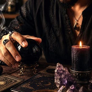 May include: A smooth black crystal sphere resting on an ornate gold-toned metal stand, accompanied by a dark purple pillar candle in a decorative holder, several amethyst clusters, and two black books with gold celestial designs on the covers.