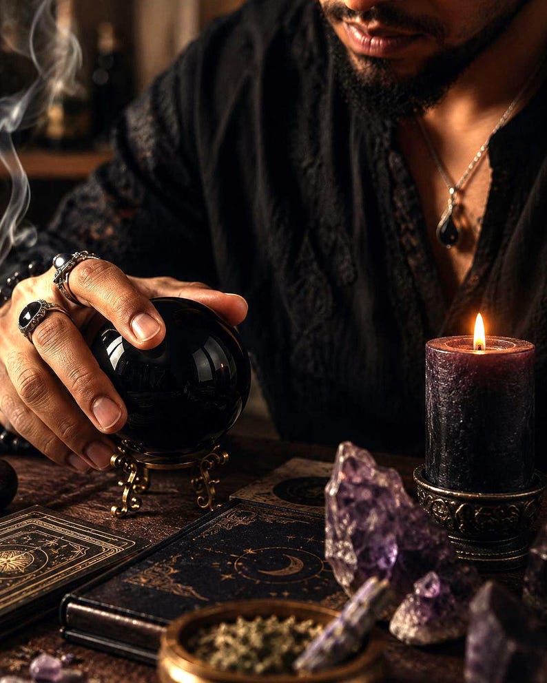 May include: A smooth black crystal sphere resting on an ornate gold-toned metal stand, accompanied by a dark purple pillar candle in a decorative holder, several amethyst clusters, and two black books with gold celestial designs on the covers.